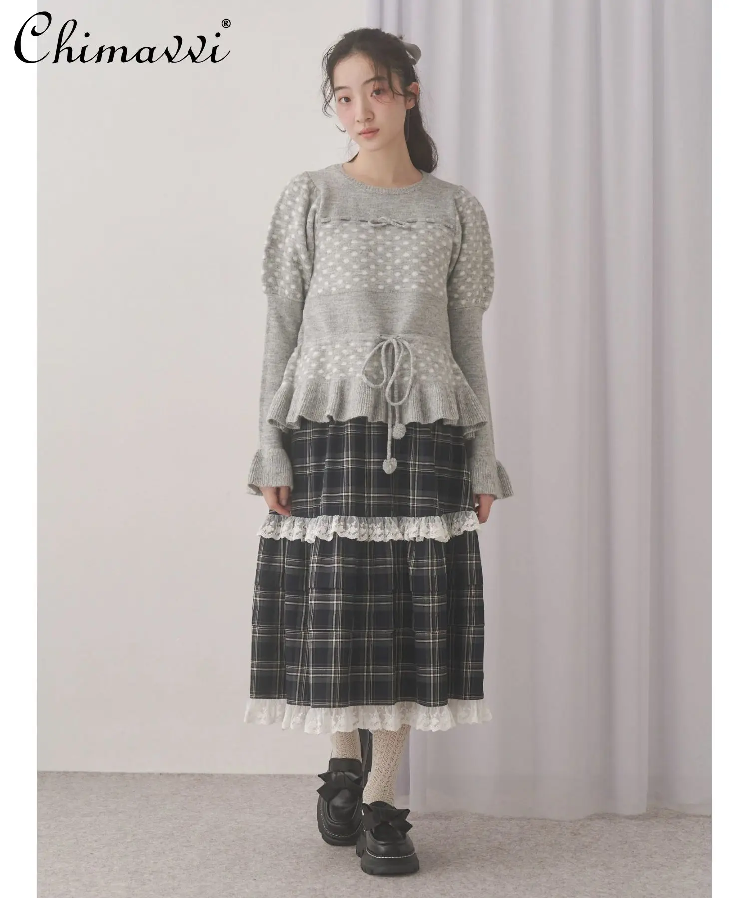 اليابانية الحلو كشكش الخصر البولكا نقطة سترة الخريف الشتاء موضة جديدة جولة الرقبة طويلة الأكمام سليم صالح البلوز محبوك #3