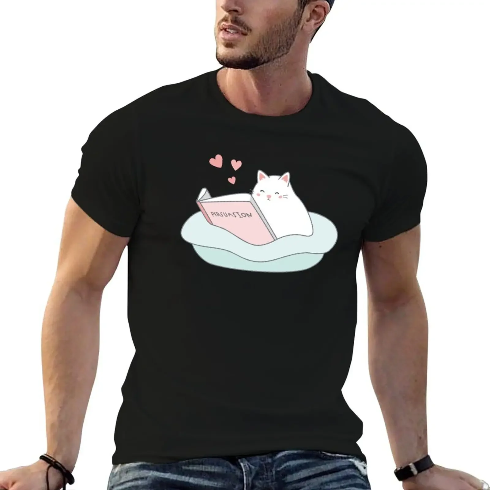 Jane Austen Cat - Persuasion, Pale Pink T-Shirt vintage vintage graphic tee man t shirt quick-drying men clothings