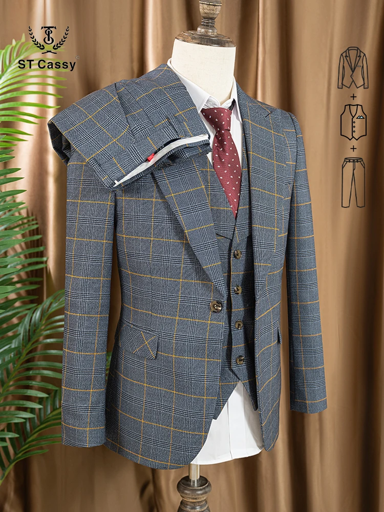 

ST Cassy 3 Piece Checkered Suit Set grey Men Stylish Business Office Wedding Formal Outfit full Elegant man suit