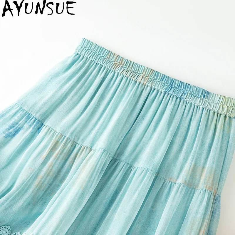 AYUNSUE 100% Silk Women's Skirts Flowing Light Green Summer Skirt Elastic Waist Skirts for Women High Quality Woman Clothes Юбка