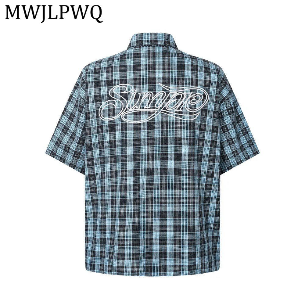 

MWJLPWQ American-Style Letter Embroidery Plaid Shirt Men Short-Sleeve Vibe Trend Street Summer Casual Loose Versatile Tops 14532