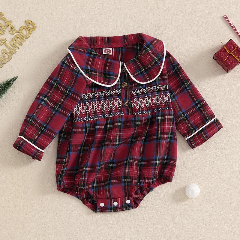 2024-07-26 Lioraitiin Baby Girl Christmas Bodysuit Short Sleeve Doll Collar Plaid Print Romper Newborn Winter Playsuit