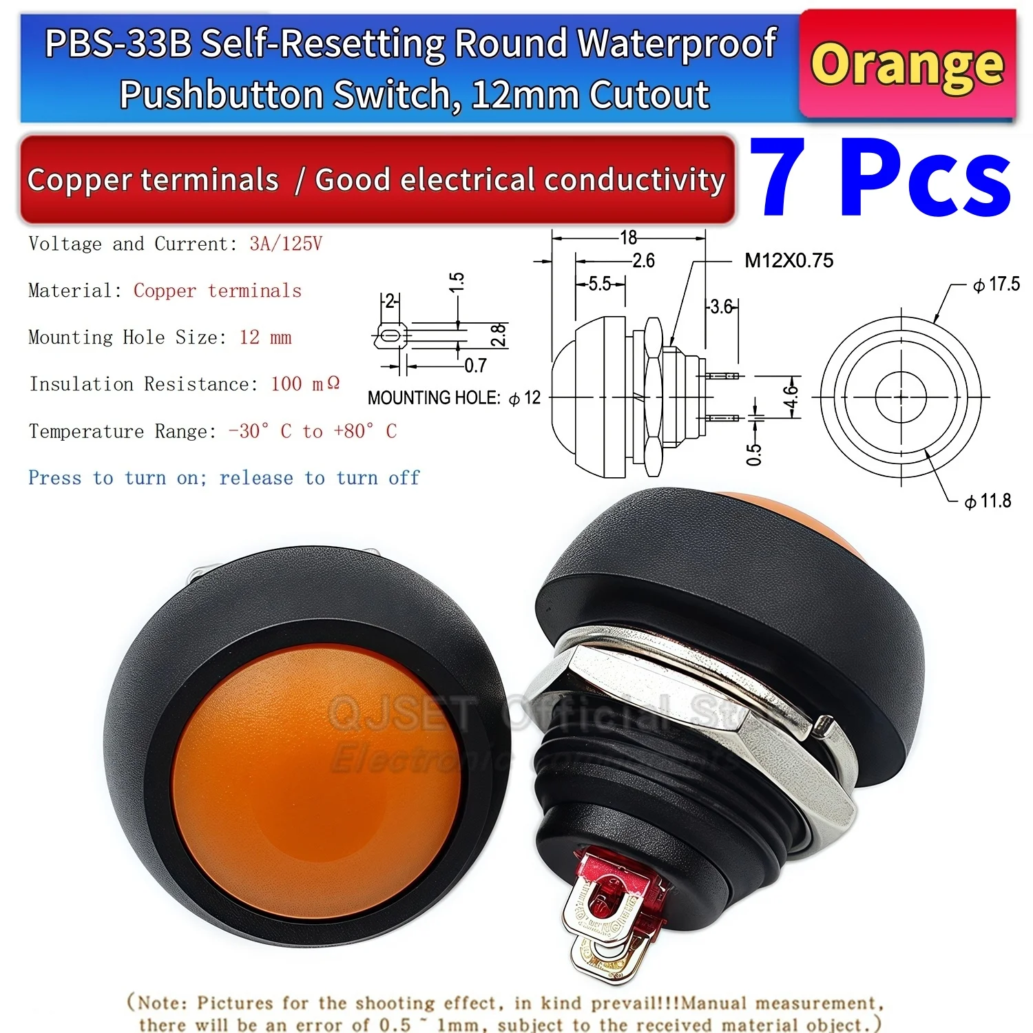 7-teiliges PBS-33B-Set, Mini-Druckknopf aus Kunststoff mit rundem Kopf, EIN/AUS-Tastschalter, 2-polig, 12 mm, wasserdicht, Power-Reset, nicht verriegelbar – Detail 9