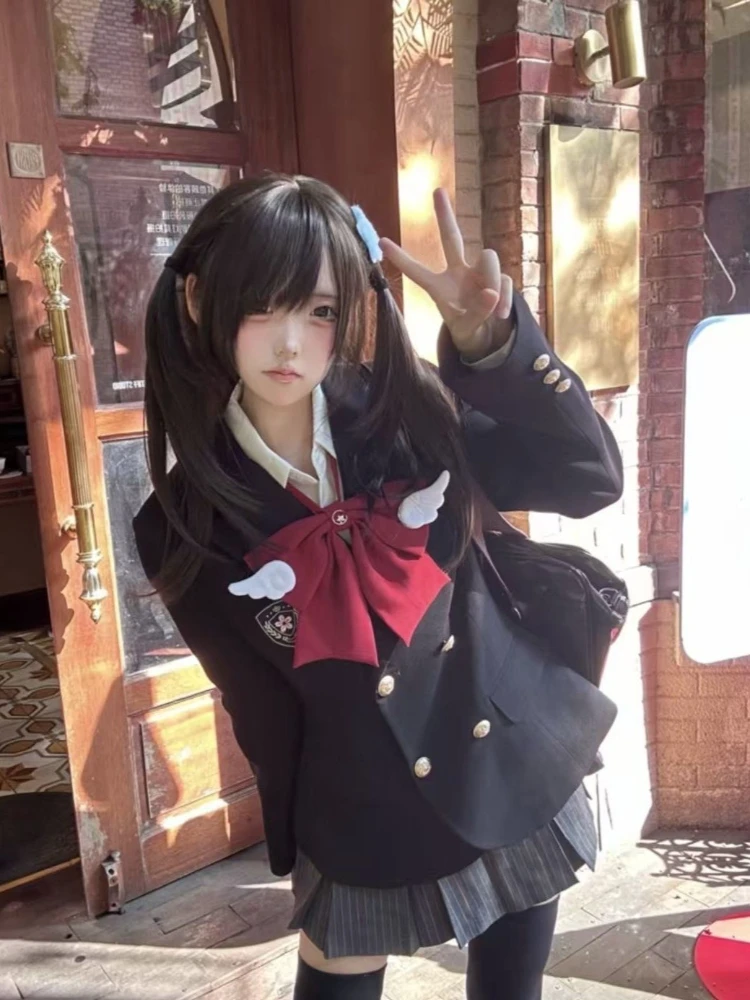 جديد الحلو Preppy نمط JK 2 قطعة مجموعة المرأة القوس معطف أسود + تنورة صغيرة مطوي اليابانية موضة ريترو سليم البدلة الخريف الشتاء #4