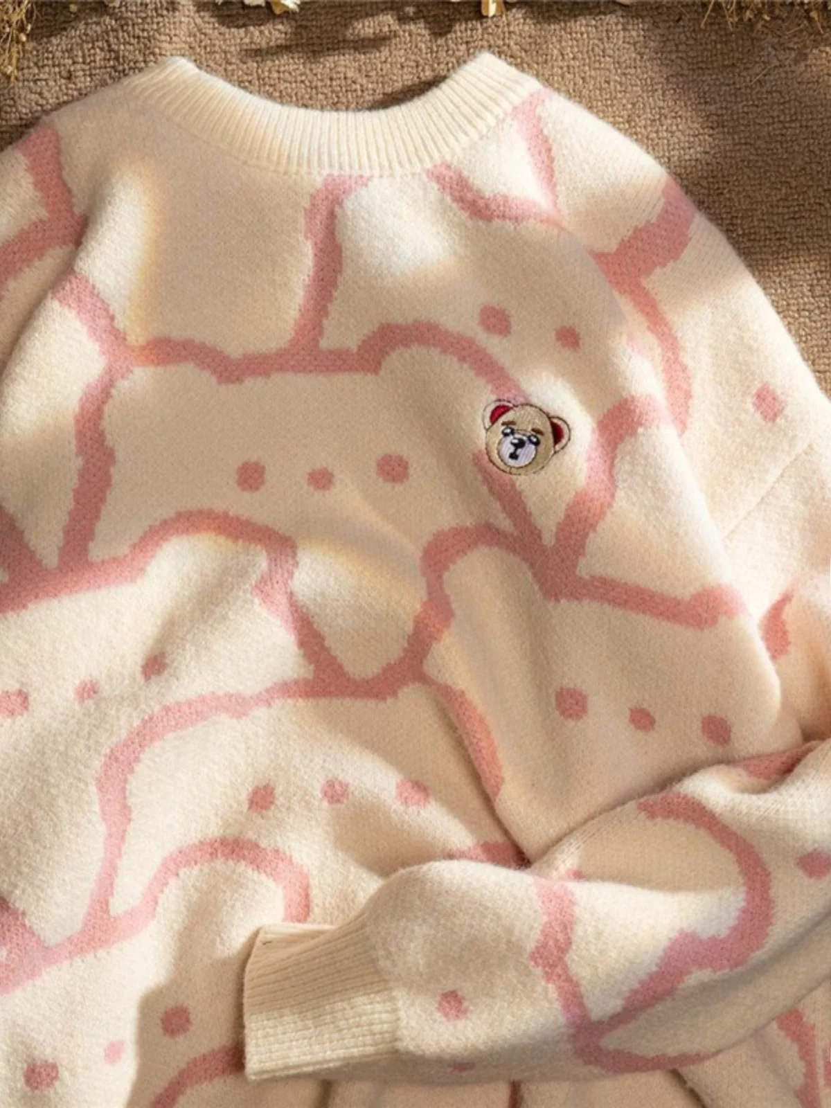 

Adorable Bear Patterned Sweater Base irt for Junior High School Girls Autumn Winter Clothes Knitted Outerwear Sweet Sle