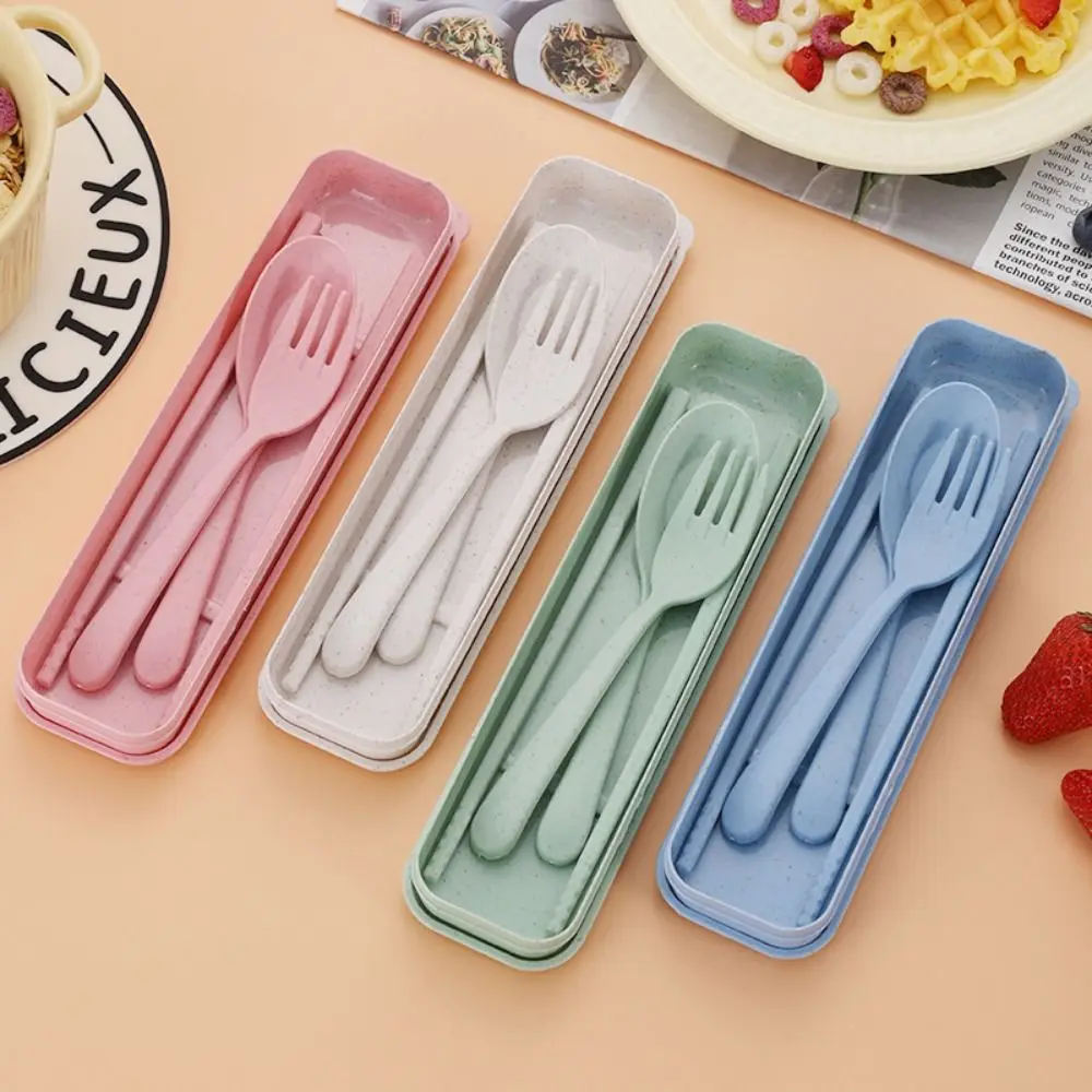 

New Plastic Cutlery Set Simplicity With Storage Box Fork And Chopsticks Set Portable Wheat Straw Tableware