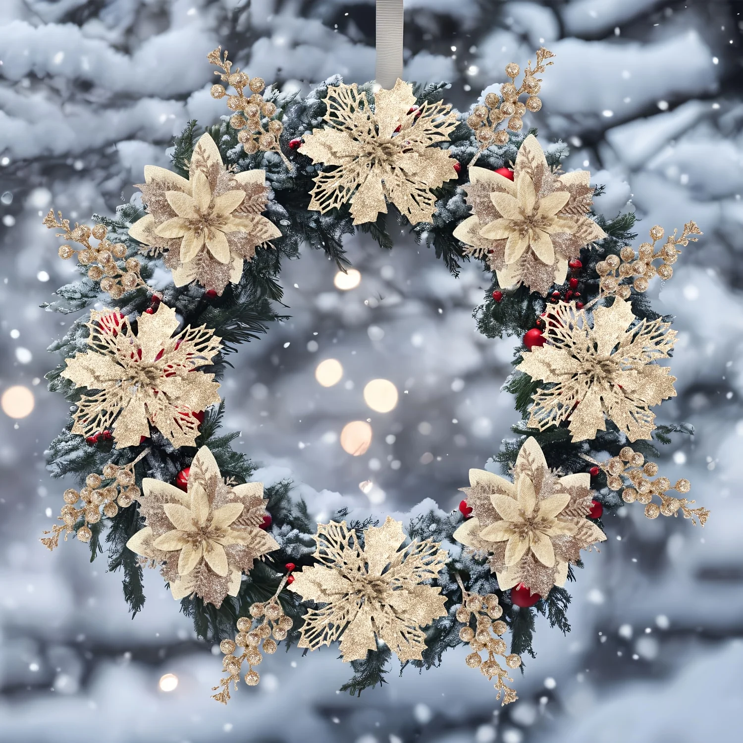 18 قطعة سيرا فلورا الشمبانيا عيد الميلاد بوعاء الزهور الاصطناعية و بريق بيري ينبع مجموعة لشجرة عيد الميلاد المنزل الزفاف