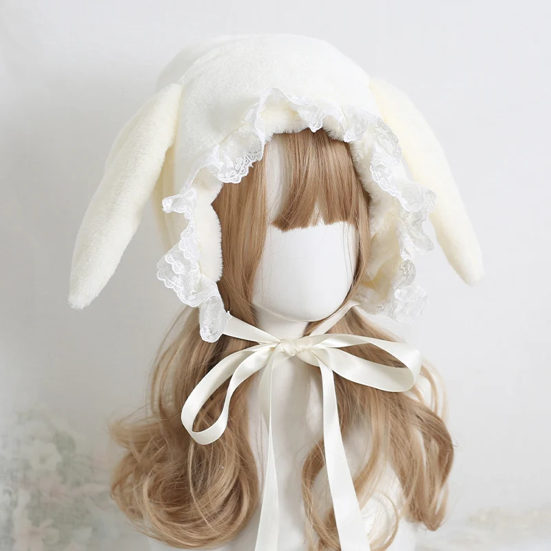 Japanese Style Sweet Fluffy Cute Lop-eared Rabbit Hat Lei Feng Hat Lace Lolita Earmuffs Cap All Match Plush Winter Warm Hat