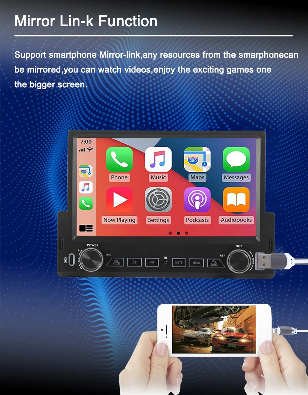 راديو ستيريو للسيارة 7 بوصة 1 din راديو واحد Din مع Apple Carplay وAndroid Auto Bluetooth Car Audio 1Din Mp5 Car Player