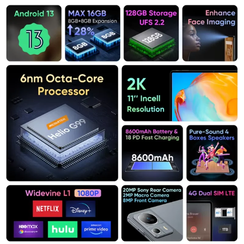 كمبيوتر لوحي N-one NPad X1 8GB128GB MTK G99 8-Cores شحن سريع 8600mAh Android 13 10.95 بوصة 2000*1200 FHD IPS 4G LTE Pad Tablet