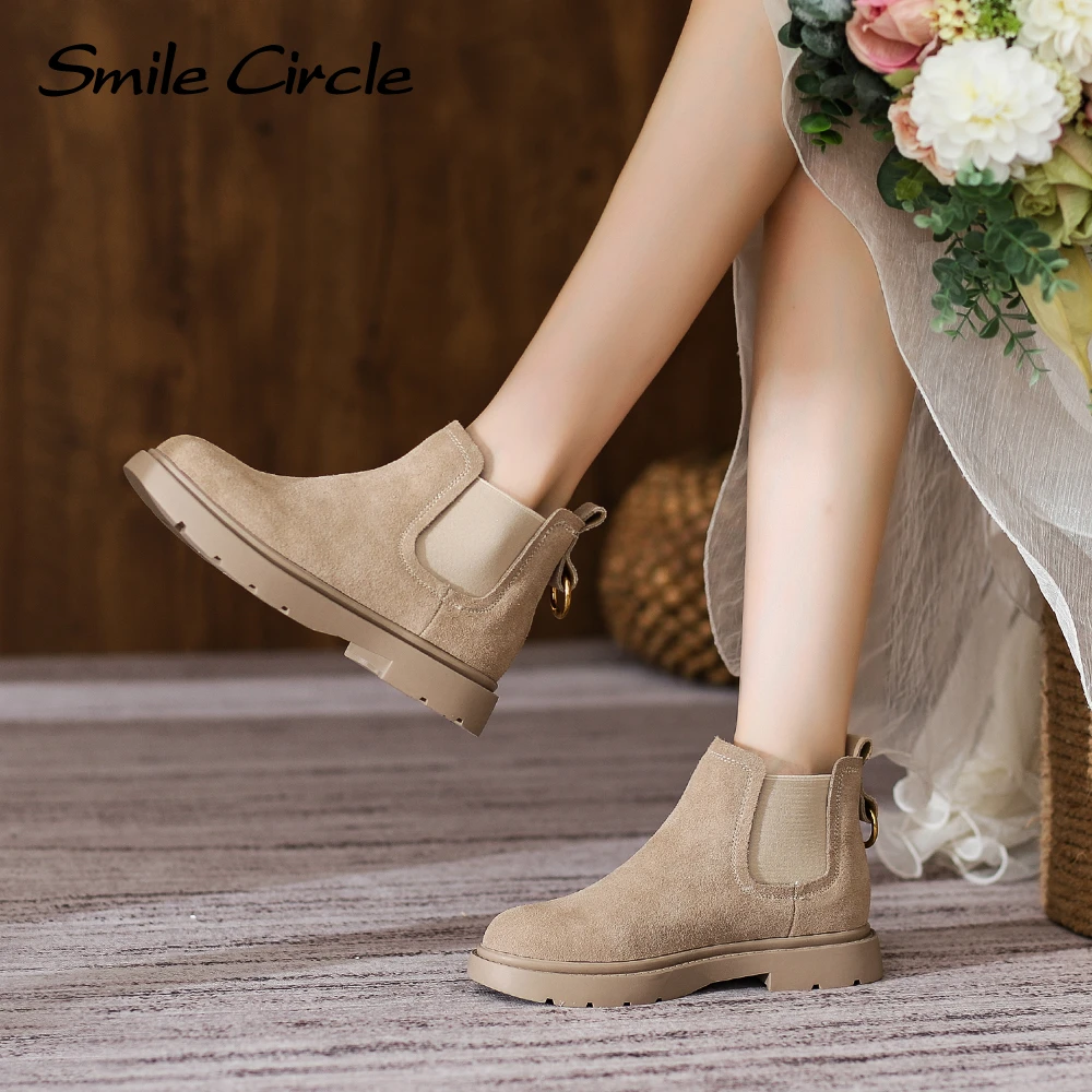 Smile Circle Women Boots Suede Leather Round-toe platform Boots Winter Casual Chelsea Boots