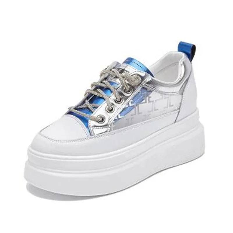 2025 Herbst Leder Atmungsaktive Mesh Schuhe Spleißen Mischfarben Frauen Turnschuhe Sandalen Interne Höhe Keile Trendy Sneaker