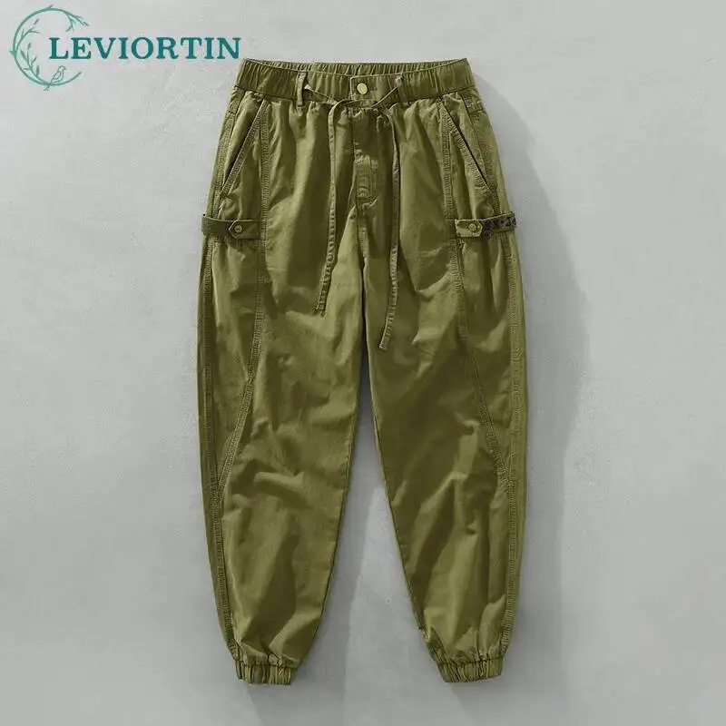 

Japanese retro straight leg ankle tied casual work pants for men, elastic waistband drawstring versatile loose solid color pants