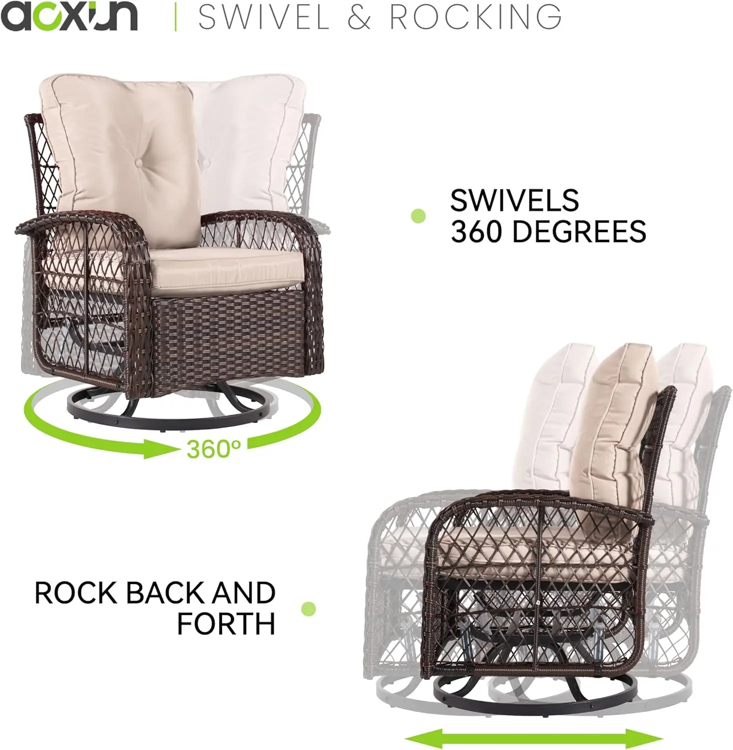 Outdoor Swivel Rocker Chair Set com pequena mesa lateral, vime Rattan, pátio mobiliário conjunto para quintal, varanda, deck