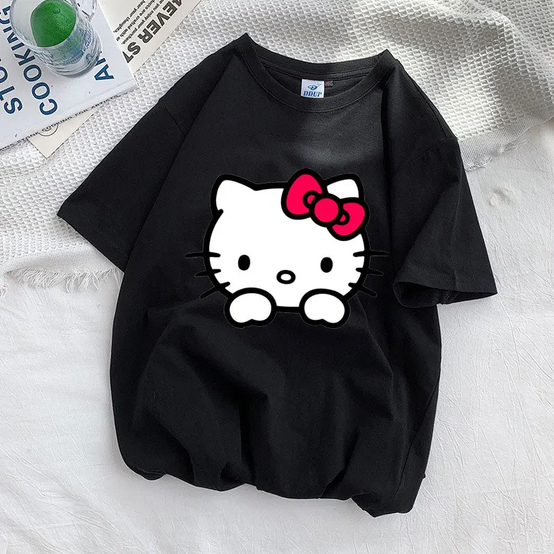 Men T-Shirt Women Short Sleeve Hello Kitty Red Cartoon Anime Summer Casual T Shirts 2024 New Fashion Couple Cotton Tops Clothes