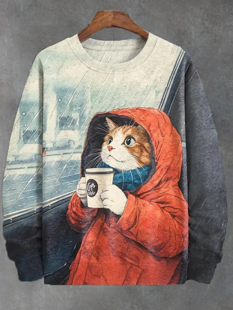

Мужская повседневная толстовка с принтом астронавта и кошки, модные шикарные пуловеры в стиле Харадзюку с длинными рукавами и круглым вырезом, большие праздничные пуловеры