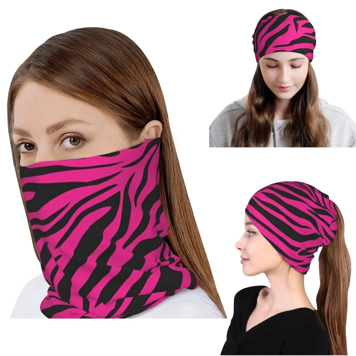 

Pink Zebra Print Bandana Neck Cover Mask Scarf Multi-use Headwear Beanies Hat for Men Women Adult Washable