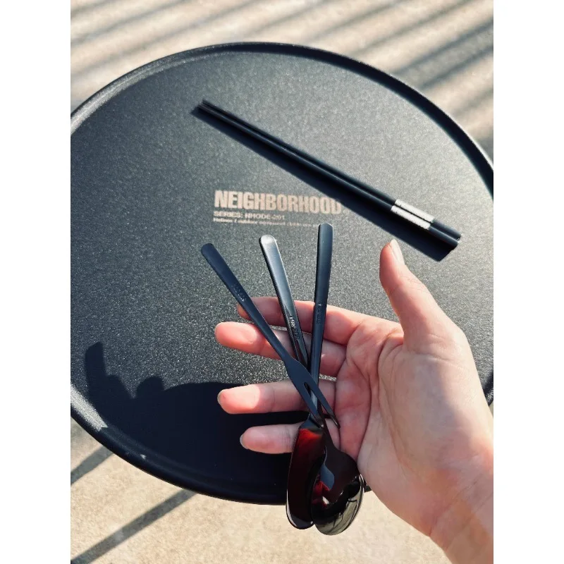 Neighborhood NBHD stainless steel camping tableware set with dark style chopsticks and spoons, durable and portable