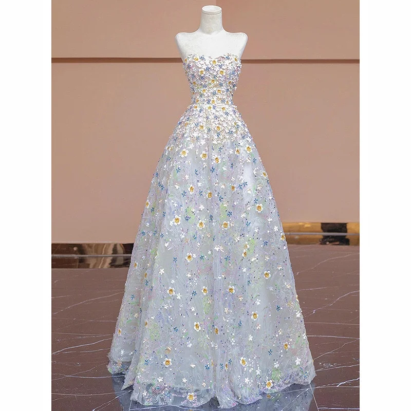 

Colorful Wedding Dress Sleeveless Sweetheart Neck A Line Floral Floor Length Strapless Party Lace Up Back Bridal Prom Gown