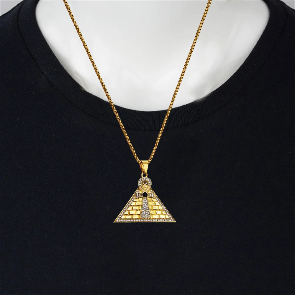 Egyptian Iced Out Bling Pyramid Ankh Cross Pendant Gold Color Stainless Steel Symbol Charm Necklace for Men Egypt Jewelry Gift