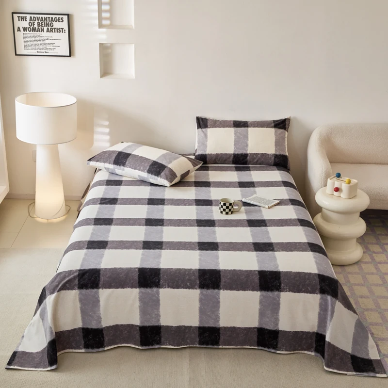 Simple Geometric Grid Bed Sheet Set Black White Squares Printed Bedding Set 100% Cotton Thickened Bed Linen with 2 Pillowcases