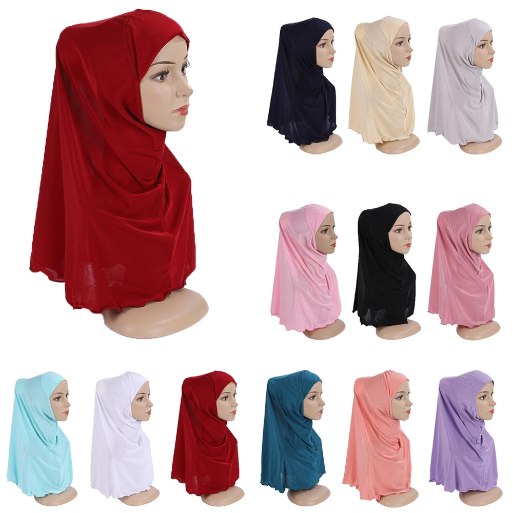 

One Piece Amira Hijab Muslim Kids Girls Plain Scarf Headscarf Sahwl Wrap Islam Prayer Cap Hat Arab Head Cover Headwear Cap 7-12Y