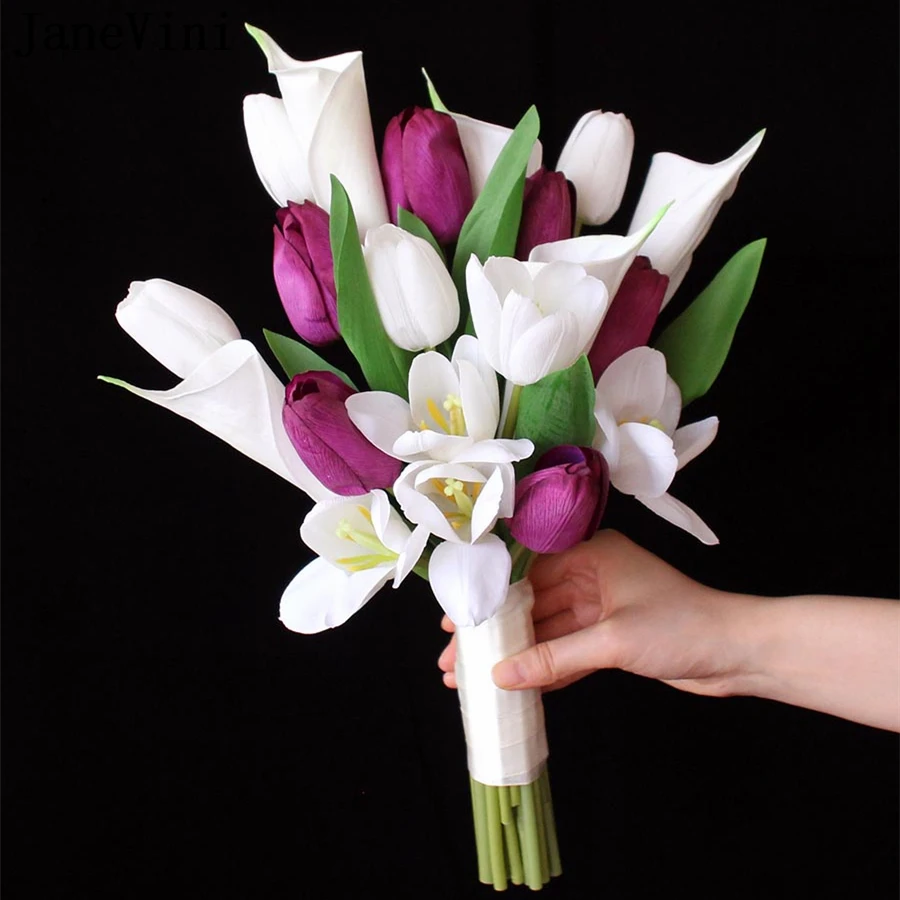 

JaneVini Purple Flower Bouquets Real Touch Calla Lily Tulip Wedding Bouquet Artificial Bridal Holding Flowers Bride Accessories