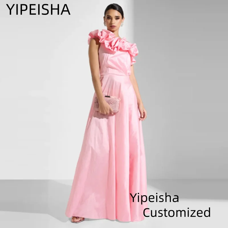 

Customized Pink Elegant Prom Dress Satin 3D-Flowers One Shoulder erProm Gown Pleated Party Evening Dress for Woman