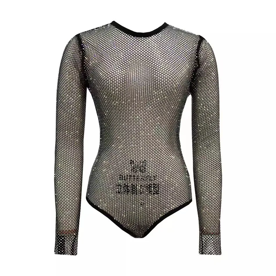 Women 2023 Summer Hollow Out Sexy Crystal Diamond Bodysuit Long Sleeves Fishnet Body Top Backless See Through Bodysuits