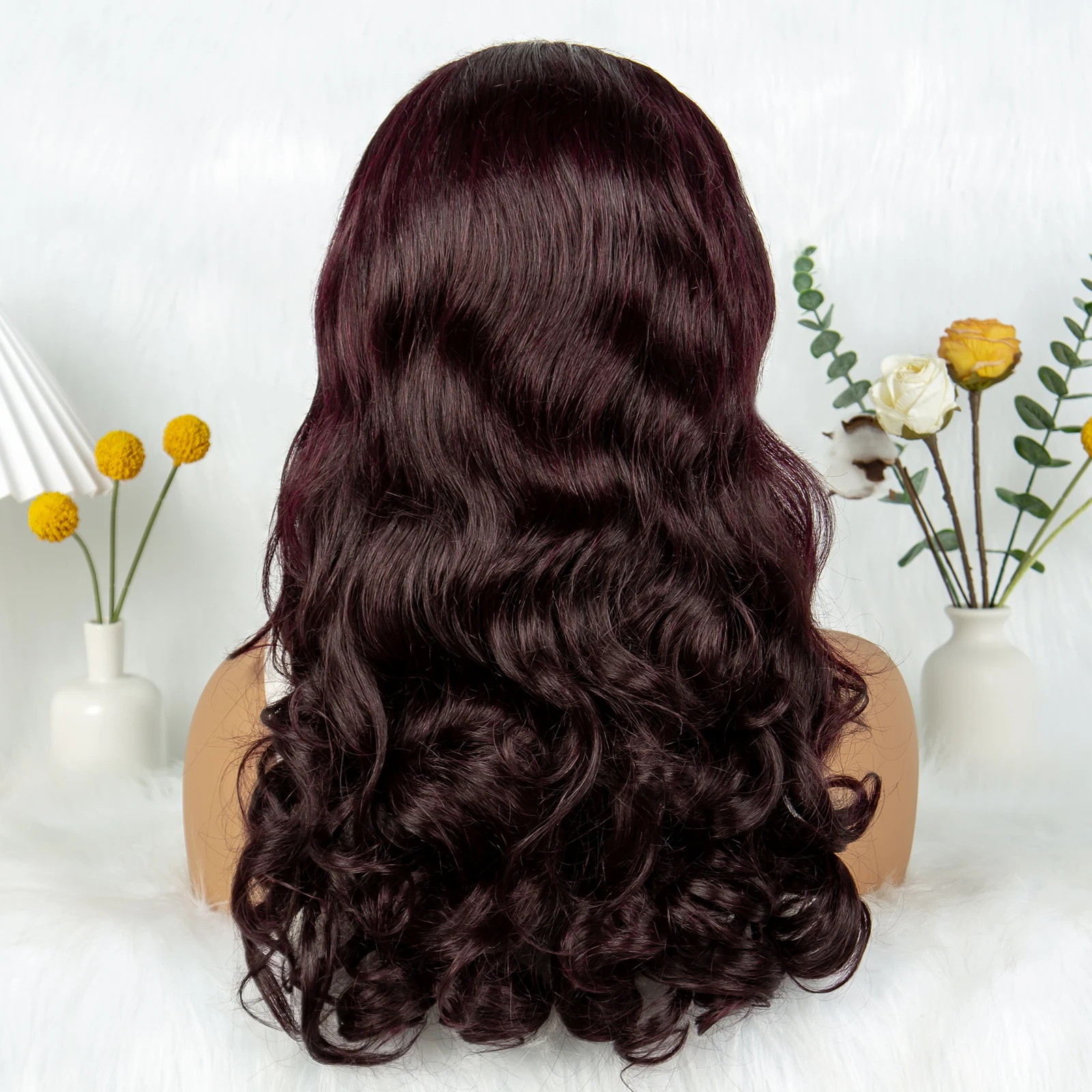 250% Densidade 99J #   Borgonha fumi bouncy encaracolado perucas de cabelo 13x4 frente do laço onda solta perucas de cabelo humano com cabelo do bebê para preto