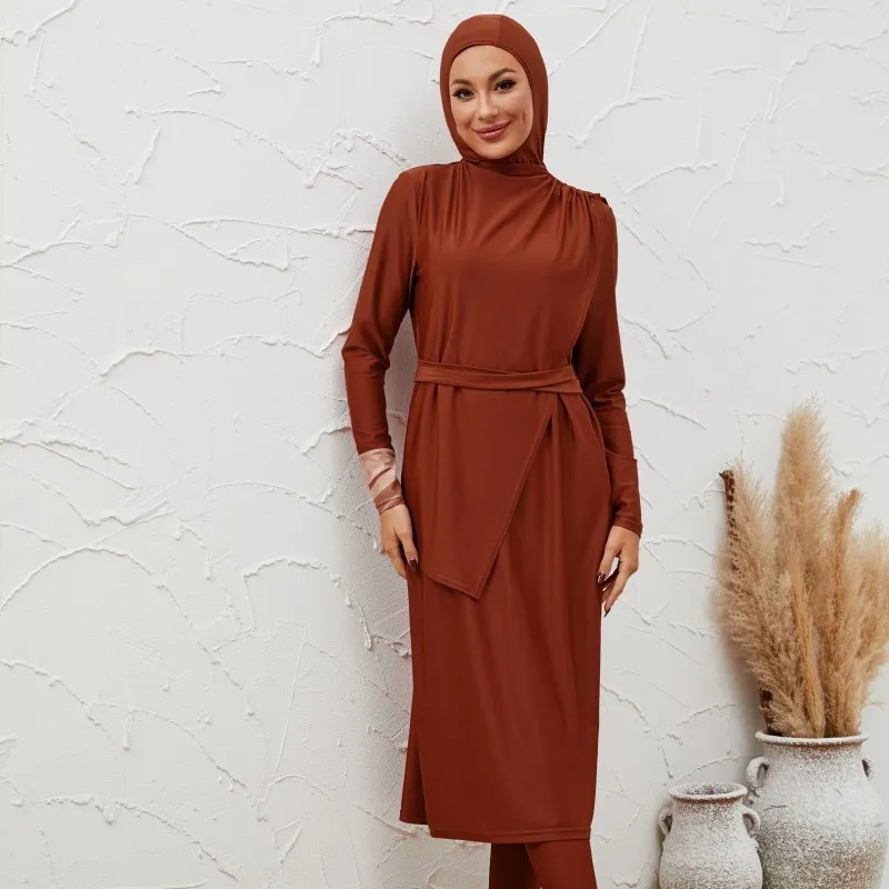 Muslim Swimming Suit Women 3 Piece Set Full Coverage Swimsuit Dress Hijab High Waist Pants Modest Lace Up Islamic Swimwear 3
