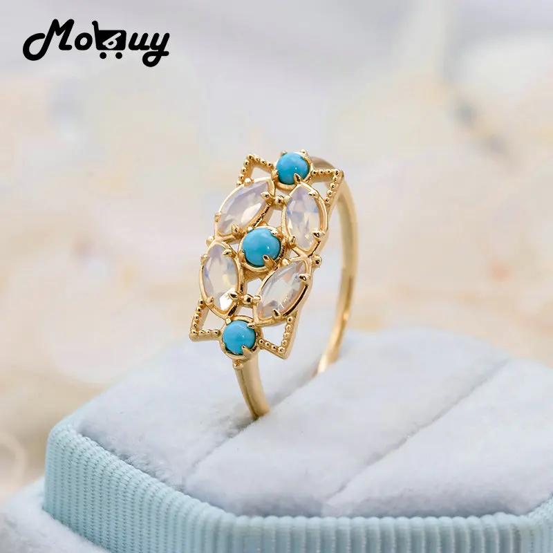 MoBuy Natural Opal Turquoise Gemstone Ring For Women Vintage Hollow Ring 925 Sterling Silver Gold Vermeil Jewelry Accessories