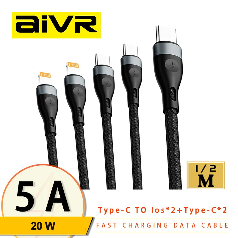 

AIVR 20W PD 4 In 1 USB Type C Fast Charging Cable IOS Multi Charger Cable for iPhone Huawei Samsung MacBook Nylon Braided Cord