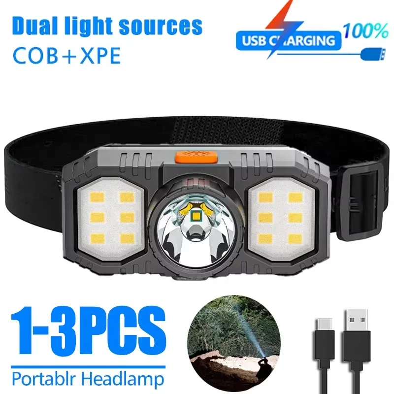 

COB XPE светодиодный портативный фонарик, фонарь, налобный фонарь с USB-зарядкой, наружная Водонепроницаемая фара, встроенная батарея 18650