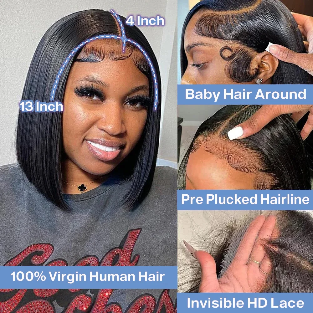 14 16 بوصة 13x4 HD شفافة العظام مستقيم الدانتيل أمامي شعر الإنسان قصير بوب شعر مستعار قبل قطعها 4x4 5x5 الدانتيل إغلاق الباروكات 250%