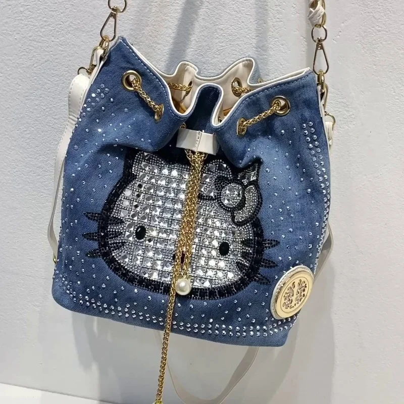 Sanrio New Hello Kitty damska torba dżinsowa torba na diamentowy łańcuszek damska torba Hello Kt kot tekstura ręczna torebka wiadro Crossbody