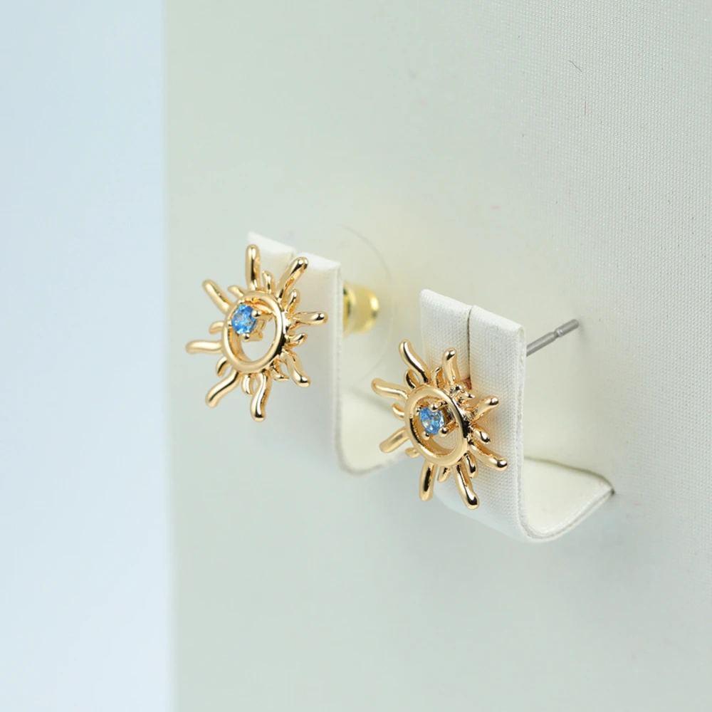 Fashion Hollow Out Solar Flower Inlaid With Blue Zircon Earrings High Quality Copper Plated Gold Earrings Women Jewelry Gift