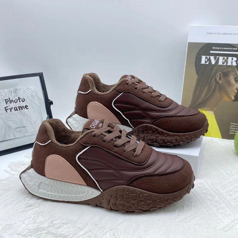 

2025 Winter Color Block Sneakers for Women, Fleece Lined Chunky Dad Shoes, Retro Platform Athletic Shoes, Warm Casual Sportswear