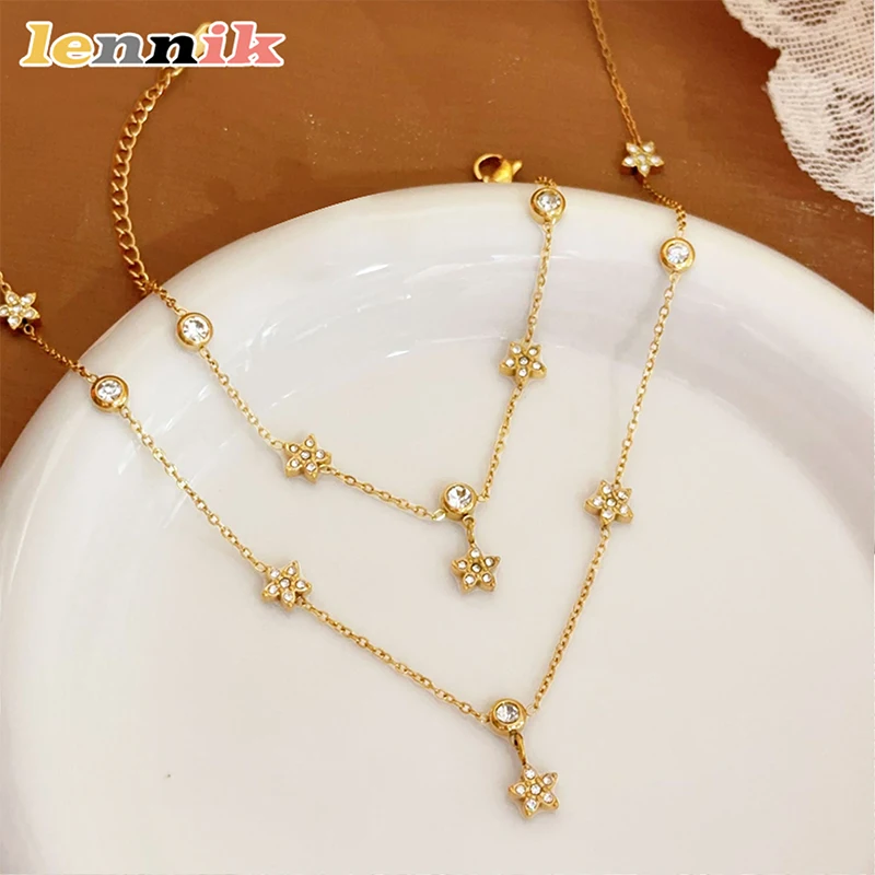 LENNIK Pentagramm-Armband vergoldet mit 18 Karat Gold, Titanstahl, schlicht und vielseitig, personalisiertes modisches Damen-Halsketten-Set