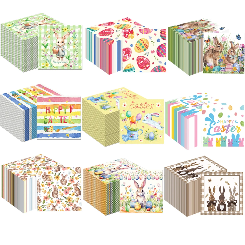Servilletas de Pascua con estampado de conejo de dibujos animados, servilletas felices de Pascua, decoraciones para fiesta de Pascua, suministros de servilletas de papel, 20-100 Uds.