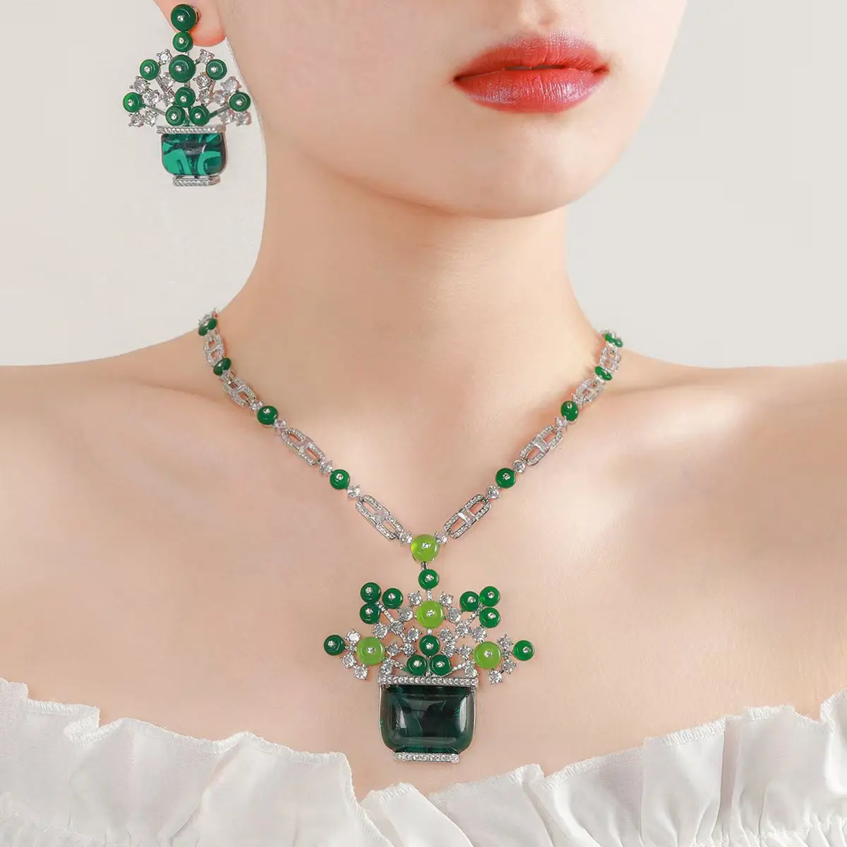 

Chinese Style Zircon Jade Flower Pot Necklace Earring Two-Piece Set Luxury Woman Jewelry Set High-Quality New