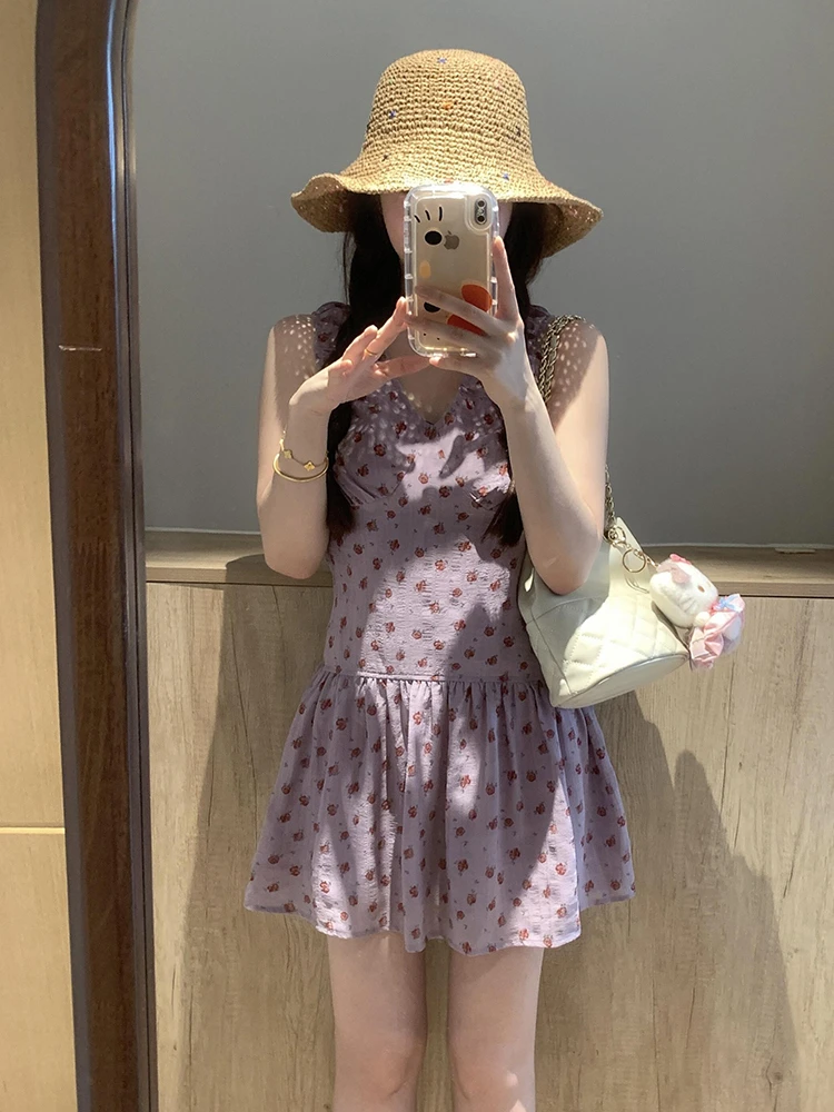 Summer 2025 Women's V-ne Svel Floral Print Vest Dr A-line ort Skirt Slimming Effect Sweet Sle Polyester Fiber