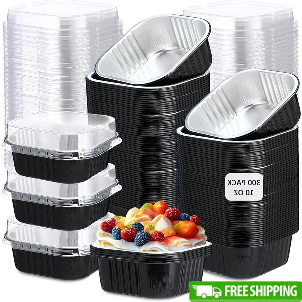 

300 Pcs 10 oz Mini Cake Pans with Lids 4th of July Aluminum Foil Baking Cups Independence Day Square Disposable Baking Tins