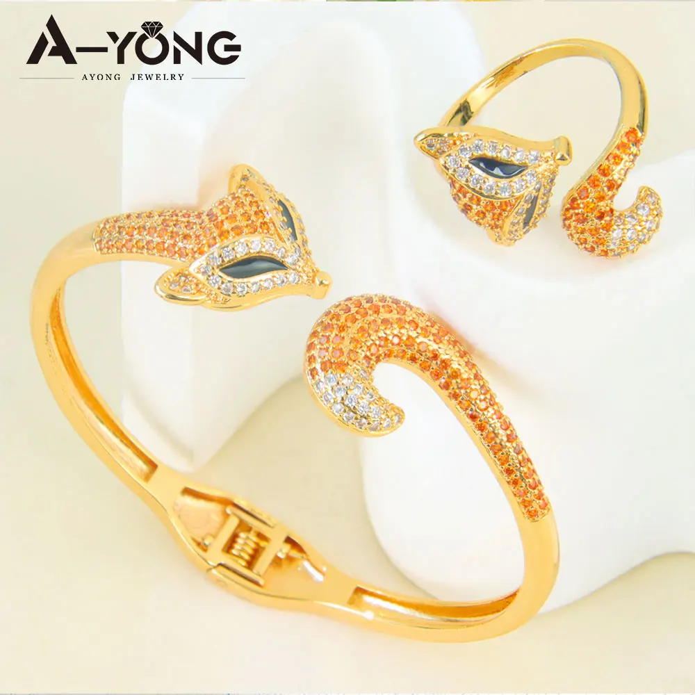 

Luxury Zirconia Foxes Jewelry Set 21k Gold Plated Brazilian Italian Unique Animals Bangles Rings Arabic Women Prom Party Jewelry