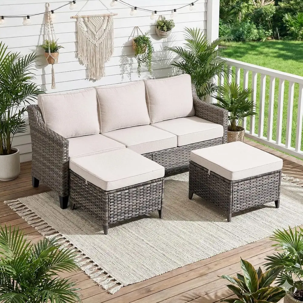 

All-Weather Wicker Outdoor Sofa Set with High Back Couch, 2 Ottomans, and Beige Cushions for Patio, Deck, and Poolside in Gray