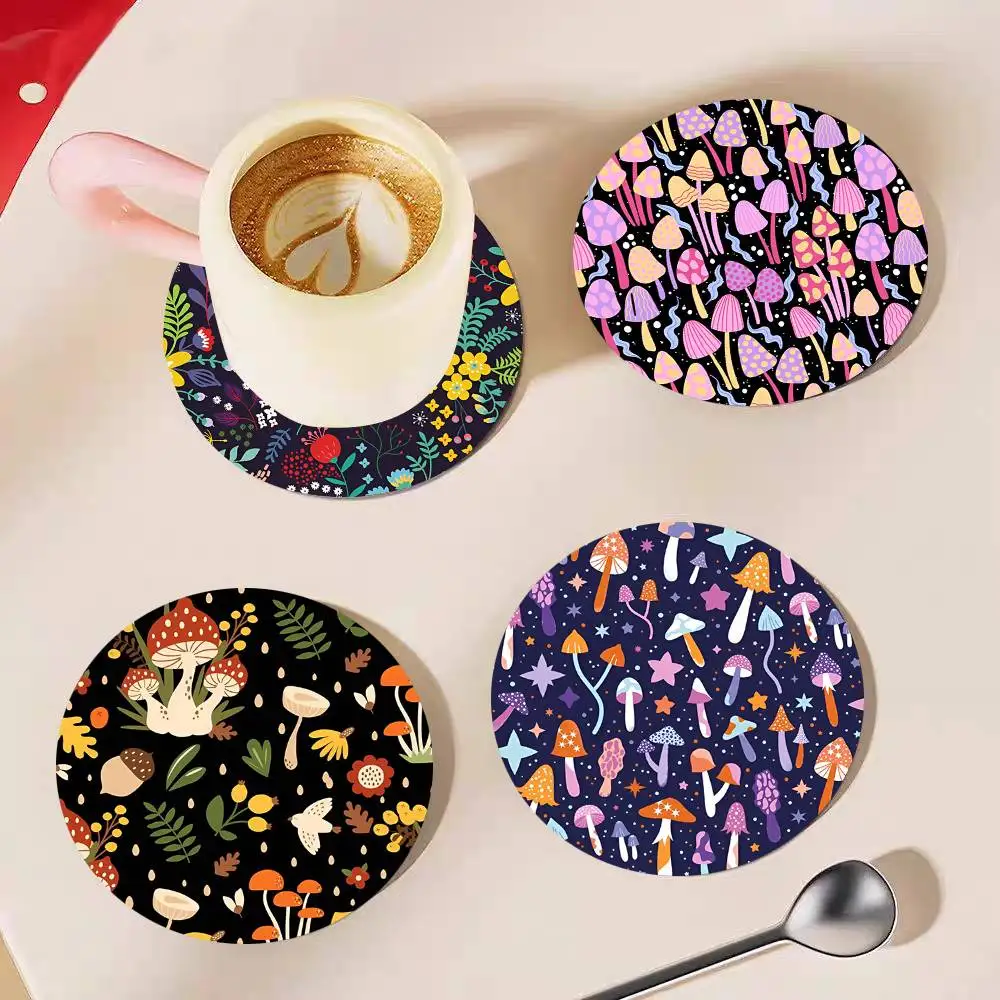 Dark Fantasy Forest Mushroom Flower Pattern Round Wooden Coasters Suitable For Restaurants And Coffee Home Gift Choice Holidays
