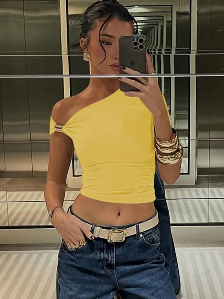 スキュー襟半袖シャーリングメタル Tシャツレディースソリッドカジュアルエレガント Y2K トップスクラブストリート夏