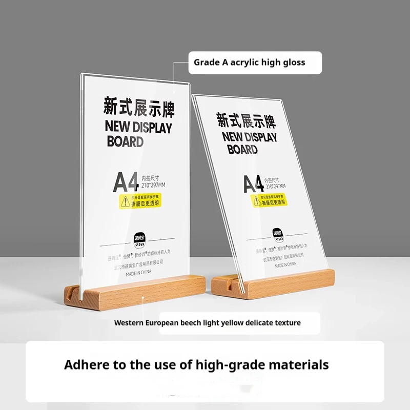 Acrylic Table Card Display Stand L Shaped A4 Price Tag Holder Clear Wooden Menu Display Rack Premium Display Sign Holder
