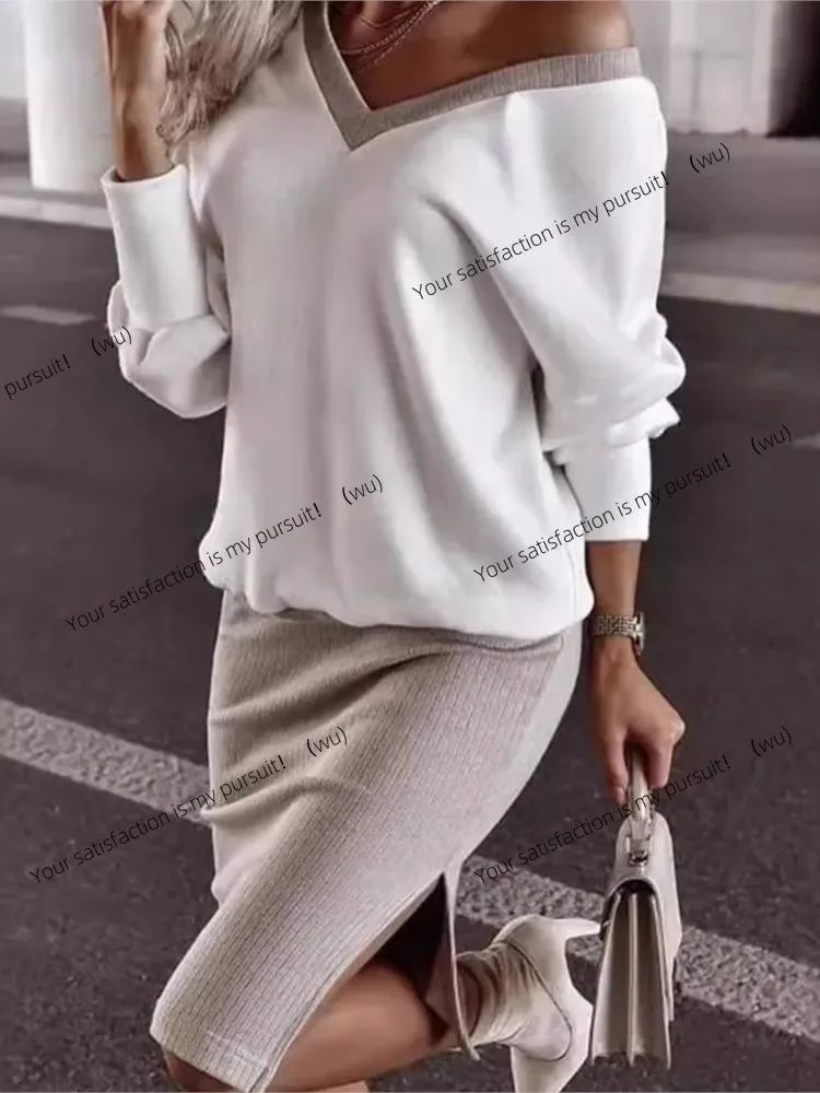 ZOCI-Autumn and Winter Casual Loose V-Neck Sweater Women's Fit Skirt Long Sleeve Top Two-piece Set New Fashion Holiday Set