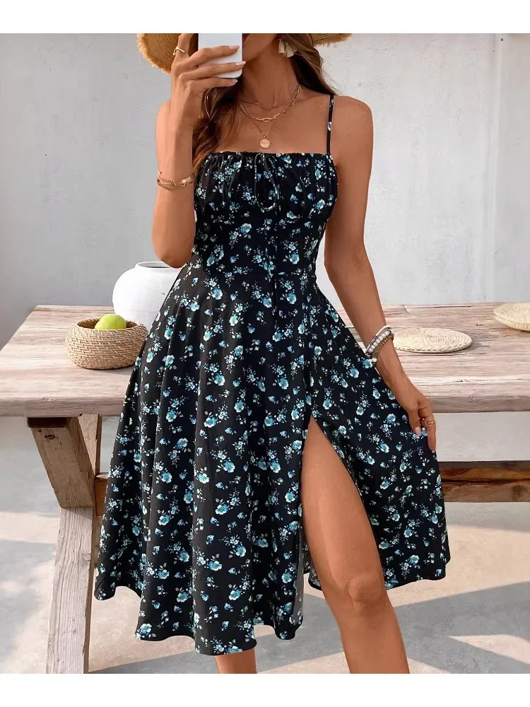 2026 Frühjahr/Sommer Neue Kollektion, Damen Schlitz-Rückenfreies Schulterriemen-Kleid in Blau mit Blumenmuster und A-Linie – Detail 5
